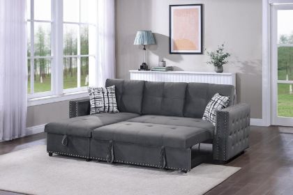 Gray Velvet Convertible Sectional Sofa Pull out Bed Couch Storage Chaise Tufted Reversible 2pc Sectional Living Room