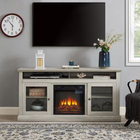 Contemporary TV Media Stand Modern Entertainment Console with 18" Fireplace Insert for TV Up to 65" with Open and Closed Storage Space, Stone Gray