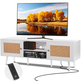 VEVOR Rattan TV Stand for 65 inch TV, Boho TV Stand with Rattan Door, Entertainment Center with Build-in Socket and USB Ports