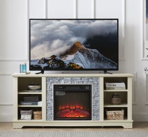 Mantel Electric Fireplace Stone TV Media Stand, Open Storage Modern Entertainment Console Space with 18" Fireplace Insert, White