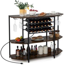 3-Tier Wine Bar Cabinet with Storage Shelves (Color: brown)