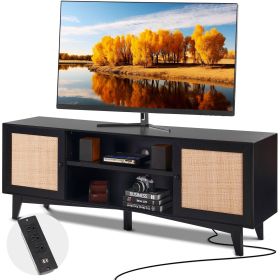 VEVOR Rattan TV Stand for 75in TV, Boho TV Stand with Rattan Door, Entertainment Center with Build-in Socket, Storage Cabinet with 2 Shelves (Color: Black, size: 66 inch)