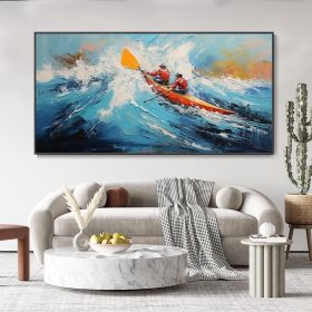 Hand Painted Oil Painting Custom Kayaking Sports Wall Art Original Water Surfing Sports Abstract Blue Ocean Canvas Oil Painting Minimalist Wall Decor (Style: 01, size: 150X220cm)