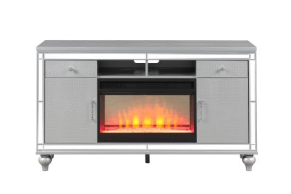 TV Stand With Electric Fireplace in Silver (Color: as Pic)